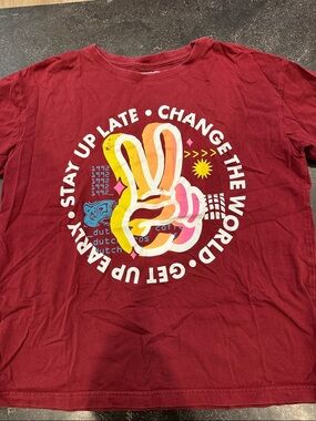 Dutch Bros Maroon Short-Sleeve Tee with Multicolor Peace Hand Graphic